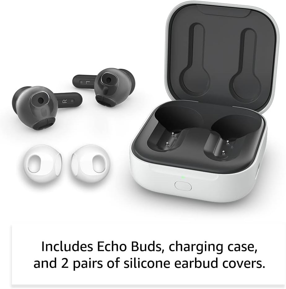 Echo Buds (newest model), True Wireless Bluetooth 5.2 Earbuds with Alexa, audio personalization, multipoint, 20H battery with charging case, fast charging, sweat resistant, Black