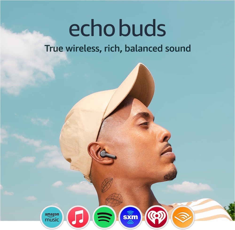 Echo Buds (newest model), True Wireless Bluetooth 5.2 Earbuds with Alexa, audio personalization, multipoint, 20H battery with charging case, fast charging, sweat resistant, Black