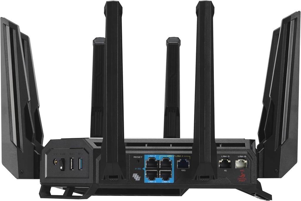 ASUS ROG Rapture GT-BE98 PRO First Quad-Band WiFi 7 Gaming Router supports 320MHz, Dual 10G Port, Triple-level Game Acceleration, Mobile Game Mode, Subscription-Free Security, AiMesh, and VPN features